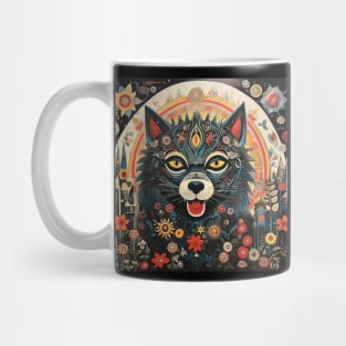 Surrealistic Folk Art Dark Floral Motif Wolf Design Mug